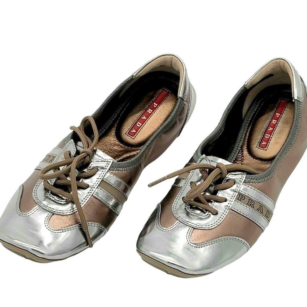 Prada Sport Patent Leather Lace Up Silver/Tan Ballet Flats Size 35